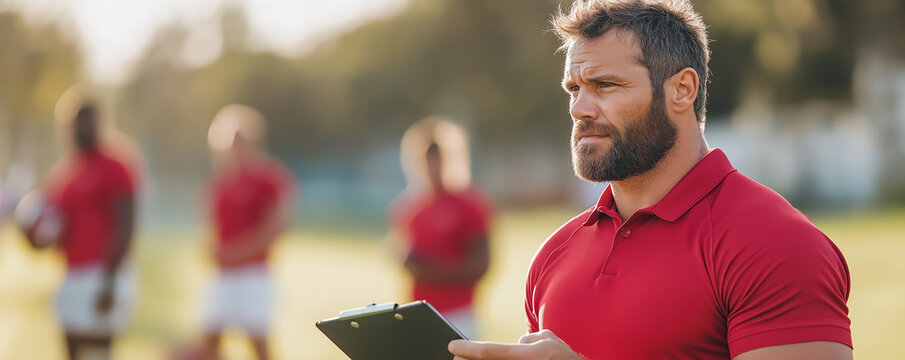 Determined rugby coach in red shirt and beard carefully assesses team during training, strategizing with professionalism - Powered by Adobe