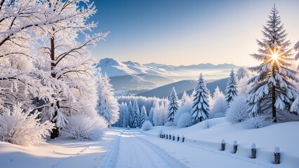Obraz premium Winter background with pine trees, mountains and snowy ground. AI generated.