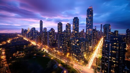 Obraz premium Night City Skyline Illuminated Skyscrapers Urban Landscape Twilight