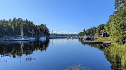Obraz premium Serene Harbor with Sailboats in Calm Finland Waters