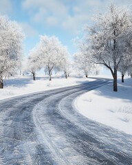 Obraz premium A winding road through a snowy landscape with frosted trees under a blue sky.