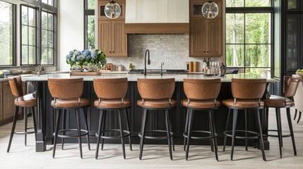 Fototapeta premium A modern kitchen island with six black and brown bar stools.
