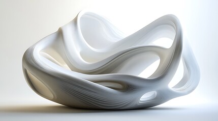 Abstract white sculptural form with flowing, organic lines and negative space, isolated on white background.