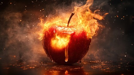 A fiery apple with molten liquid, creating a dramatic visual effect.