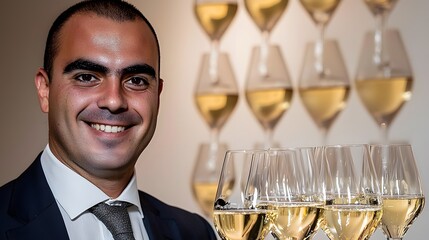 Portrait of a man at a wine tasting event, integrated with an image of fine wines and sophistication, highlighting a refined lifestyle.[men’s]:[lifestyle] 