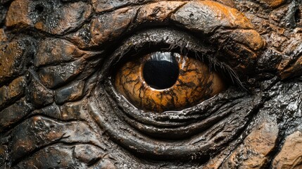 A close-up of a Javan rhino's eye, showing intricate details of its skin and the surrounding mud.