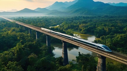 High-Speed Train Crossing Towering Bridge