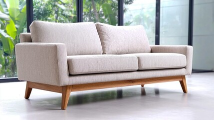 Modern Beige Sofa with Wooden Legs