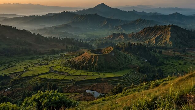 Scenic Dieng Plateau in Wonosobo from above.