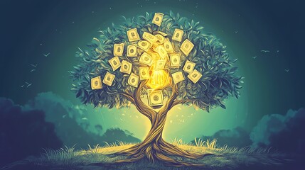 A glowing tree with illuminated currency symbols representing abundance.