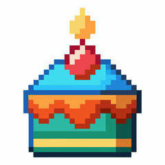Fototapeta premium Pixel Art Birthday Cake with Candle and Cherry Retro Gaming Style Digital Artwork
