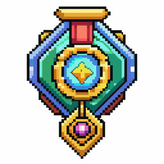 Fototapeta premium Colorful Pixel Art Medal with Geometric Design and Star Icon in a Retro Style