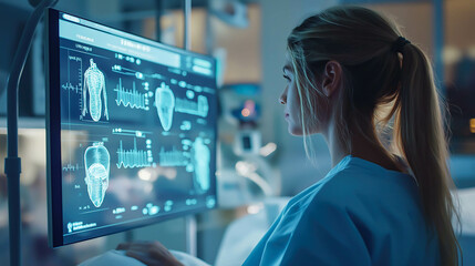 A doctor interacts with a holographic display of patient data. The concept of advanced medical technology, precision healthcare, and innovative diagnostics. Generative AI.