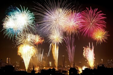 Colorful fireworks bursting over city skyline during night celebrations