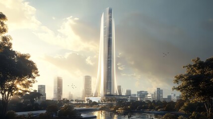 Obraz premium Modern skyscraper towering over a serene urban landscape at sunset.