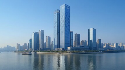 Naklejka premium Modern skyline with towering skyscrapers by the calm river.