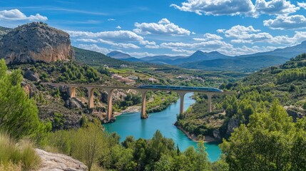Panoramic View of AVE Train Crossing Scenic Landscape