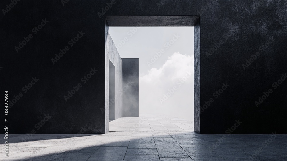 Poster Empty concrete building with open door showing foggy sky