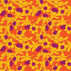 Abstract Hand Drawing Daffodil Flowers Seamless Vector Pattern, wallpaper fashion interior retro art vintage print flower blossom garden spring, DAFFODIL REPEAT SEAMLESS PRINT PATTERN VECTOR