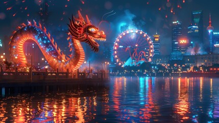 Fototapeta premium Illuminated dragon statue by waterfront with cityscape, Ferris wheel, and fireworks at night.