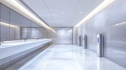 Obraz premium Modern and Minimalistic Restroom Interior with Sleek Design Featuring Bright Lighting, Large Mirrors, and Pristine White Marble Walls and Floors