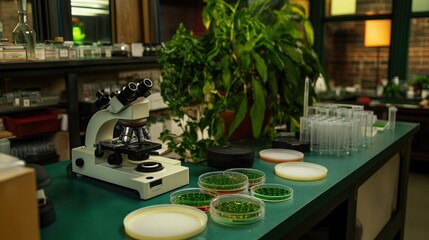 Fototapeta premium Laboratory Equipment and Plant-Based Research Tools with Greenery Backdrop for Scientific Innovation and Experimentation in Modern Research Facilities