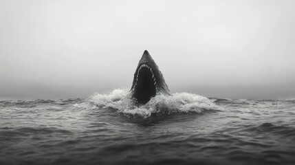 Fototapeta premium Dramatic Black White Shark Open Mouth Ocean Wave Danger Predator