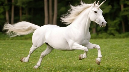 Obraz premium Majestic White Unicorn Galloping in Green Meadow Fantasy Horse