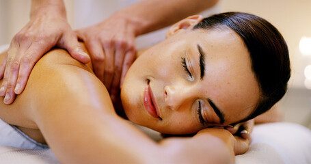 Obraz premium Woman, back massage and happy with luxury, service and holistic center or spa for wellness and zen. Masseuse, peace and stress relief with self care, physical healing and relaxation for therapy