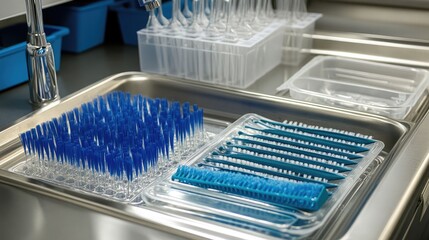Laboratory Equipment with Blue Pipette Tips and Containers for Sample Preparation and Analysis in a Clean and Organized Workspace Setting