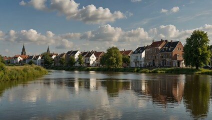 Obraz premium Scenic view of the IJssel and houses along Zutphen’s riverbank.