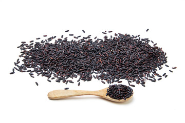 Riceberry in wooden spoon and scattered isolated on white background. Riceberry (Oryza sativa) is a dark purple glutinous rice that is aromatic, nutritious high.