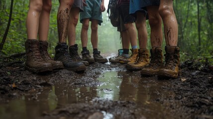 Group of hikers in muddy terrain showcasing rugged footwear, demonstrating adventure spirit and connection with nature through exploration in a forest setting
