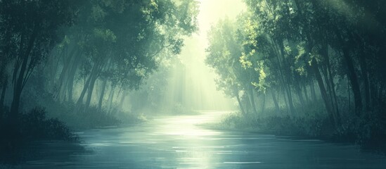 Misty forest river scene with sunlight filtering through trees.