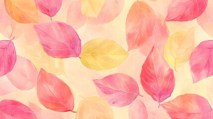Soft pink and yellow autumn leaves falling on a light background.