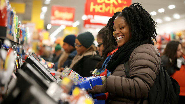 A woman is smiling as she looks at the items in the store