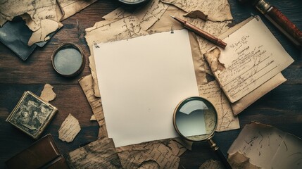 A detective board with blank pages pinned in random order, surrounded by a magnifying glass and props.