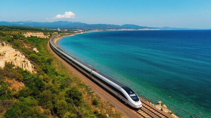 Aerial View of Train Along Scenic Coastal Landscape