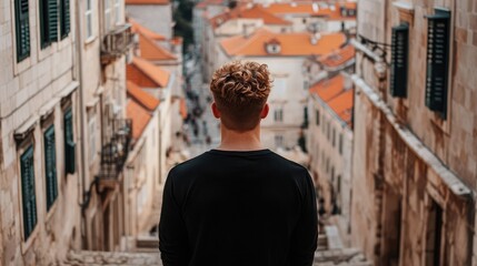 Fototapeta premium Young man gazing at a vibrant European cityscape, featuring orange rooftops and historic architecture, embodying a moment of contemplation and adventure.