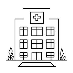 Modern Hospital Building Line Art with Cross Symbol for Healthcare Facilities