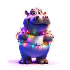Fototapeta premium 3D Pygmy hippopotamus, Mischievous Pygmy Hippo Adorned with Colorful Lights Against a White Background, Perfect for Holiday and Festive Themes