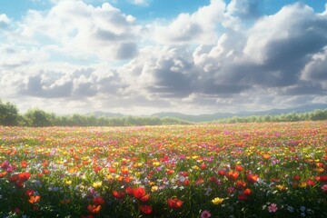 Naklejka premium A vibrant field of flowers under a bright sky, showcasing nature's beauty and tranquility.