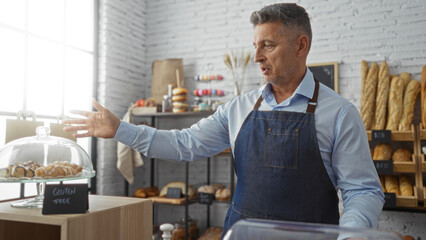 Middle age man wearing apron inside bakery shop pointing at gluten-free pastries with shelves of...