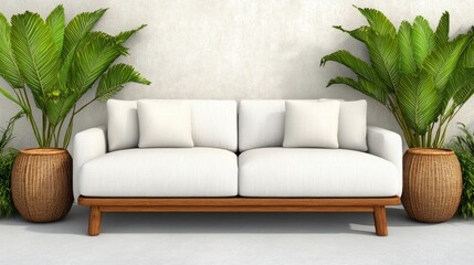 Fototapeta premium Modern White Sofa with Tropical Plants