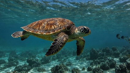 Obraz premium Sea turtle swimming in the ocean.