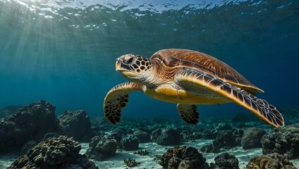 Obraz premium Sea turtle swimming in the ocean.