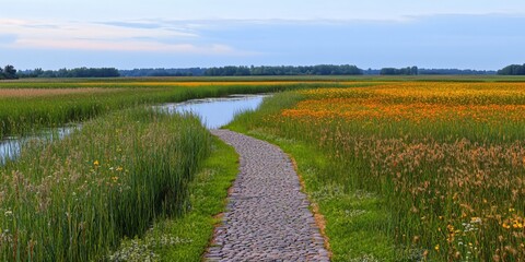 Fototapeta premium A winding path through vibrant fields and a serene waterway at dusk.