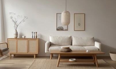 Modern living room interior featuring minimalist furniture and serene decor in soft natural tones