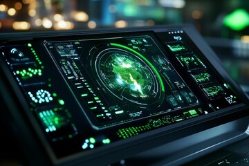 Fototapeta premium Futuristic Green Tech Control Panel - Sleek digital interface, solar and wind energy, global monitoring, technological innovation, future energy.