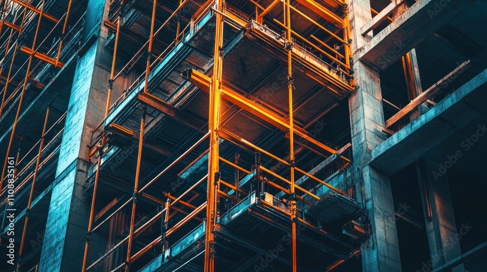 Poster orange scaffolding on a concrete building under construction